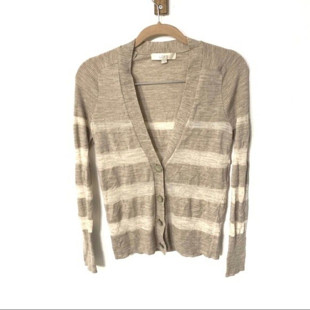 LOFT cardigan womens tan white striped v neck cardigan